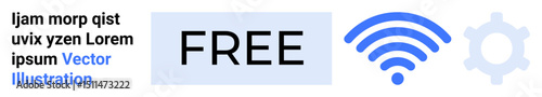 Text FREE in bold, wireless signal icon, gear icon for tech, and placeholder text. Ideal for connectivity, digital tools, wireless communication, tech support, networking learning apps simple