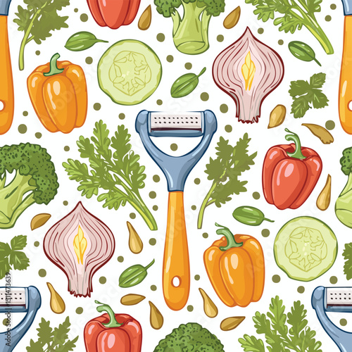 Vegetable peeler Vector Illustration with Seamless Pattern Design