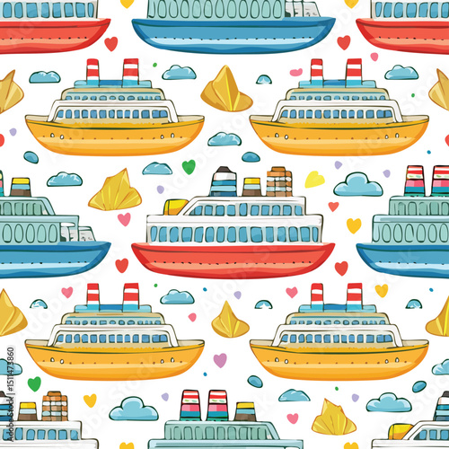 Cruise ship Vector Illustration with Seamless Pattern Design