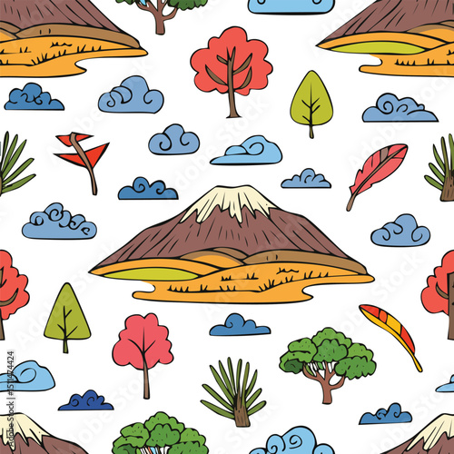 Mount Kilimanjaro, Kilimanjaro Region, Tanzania Vector Illustration with Seamless Pattern Design