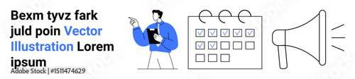 Person pointing at a checklist calendar, clipboard in hand, alongside a megaphone. Ideal for planning, organization, communication, workflow, teamwork, event scheduling and a simple landing page