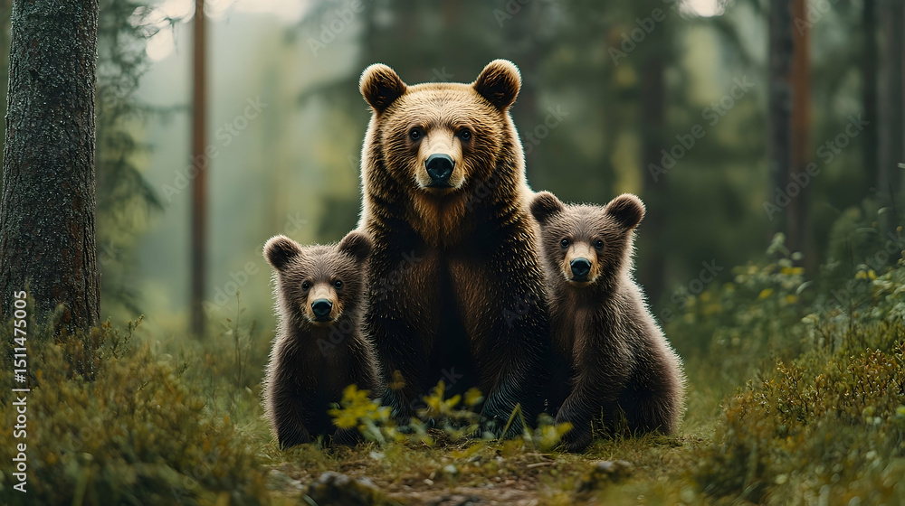 Obraz premium Mother bear and cubs in a tranquil forest setting.