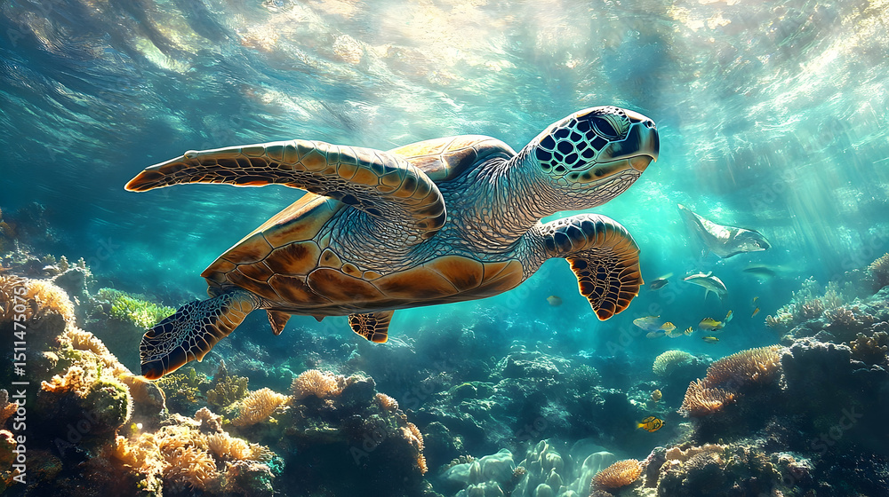Fototapeta premium A sea turtle glides gracefully through a vibrant coral reef.