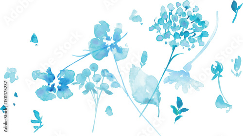 水彩画。水彩タッチの青い花のベクターフレーム。夏の爽やかな青い花々。Watercolor painting. Vector frame of blue flowers with watercolor touch. Fresh blue flowers of summer.