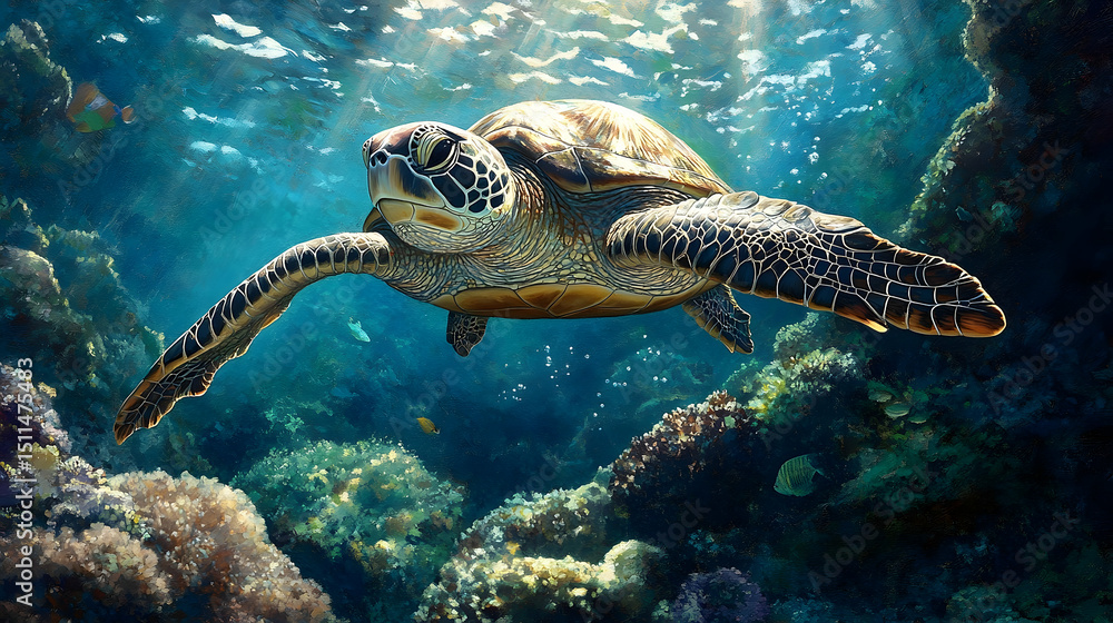 Fototapeta premium Sea turtle swimming amidst coral reef.