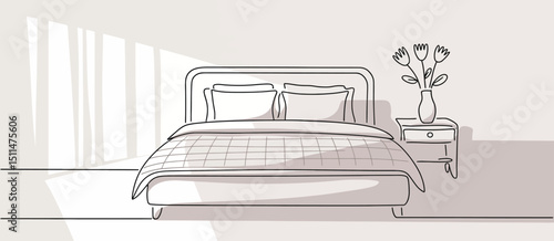 Minimalist Line Drawing of a Modern Bedroom with Sunlight