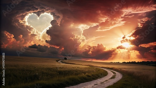 A breathtaking sunset reveals heart-shaped clouds over a winding rural road.