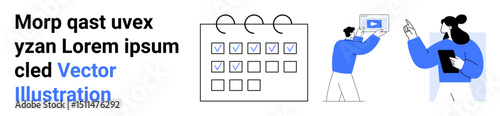 Calendar checklist, man holding chart, woman with tablet discussing task. Ideal for teamwork, planning, project management, time management, organization, collaboration simple landing page