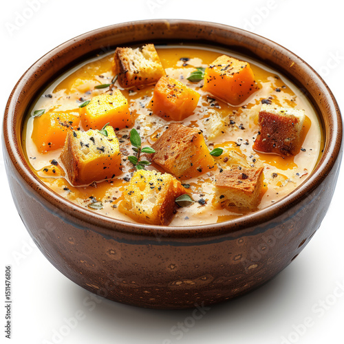 Creamy Pumpkin Soup with Toasted Croutons in Rustic Ceramic Bowls