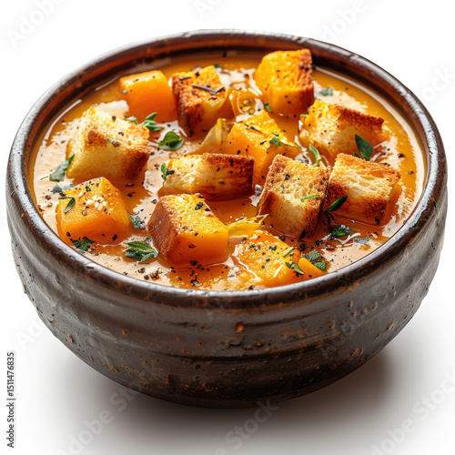 Creamy Pumpkin Soup with Toasted Croutons in Rustic Ceramic Bowls