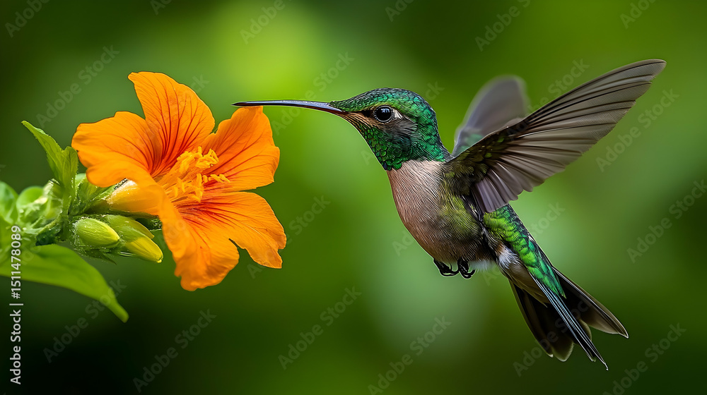 Fototapeta premium A hummingbird hovers near an orange flower.
