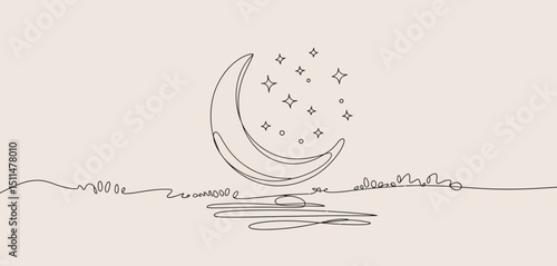 Crescent Moon and Stars Night Sky One Line Art Minimalist