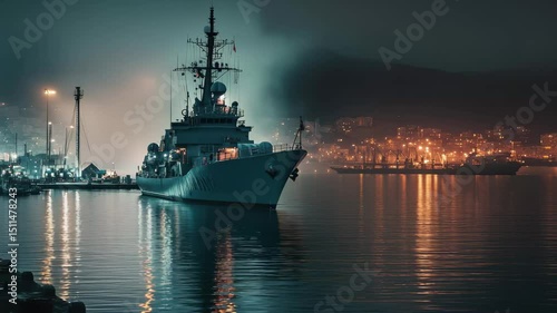 Navy ship navigates into a bustling port during evening hours with illuminated surroundings, An unidentified navy ship sailing into port in the dead of night under the spotlight of the harbor