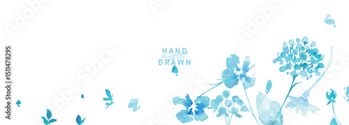 水彩画。水彩タッチの青い花のベクターフレーム。夏の爽やかな青い花々。Watercolor painting. Vector frame of blue flowers with watercolor touch. Fresh blue flowers of summer.