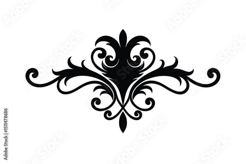 Elegant Black Damask Floral Ornament on White Background.