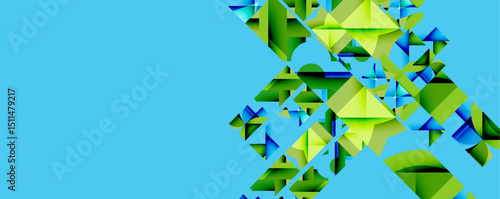 Abstract geometric shapes, vibrant blues, greens dominate right side. Clean design, modern aesthetic, simple background.