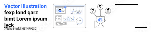 Email performance dashboard displays graphs, charts, and data with an envelope representing email outreach. Connected user icons signify audience interaction. Ideal for communication, marketing