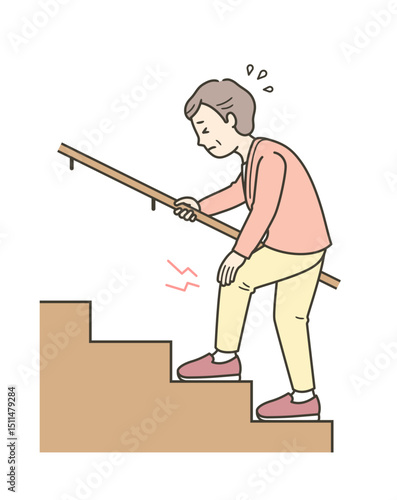 膝の痛みがあり辛そうに階段を上る高齢女性のイラスト