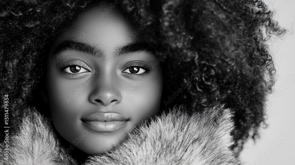 Monochromatic Portrait of a Young Woman with an Afro and Fur Collar Monochromatic Portrait of a Young Woman with an Afro and Fur Collar