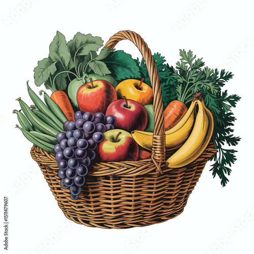 Wicker Basket Filled with Fresh Fruits and Vegetables
