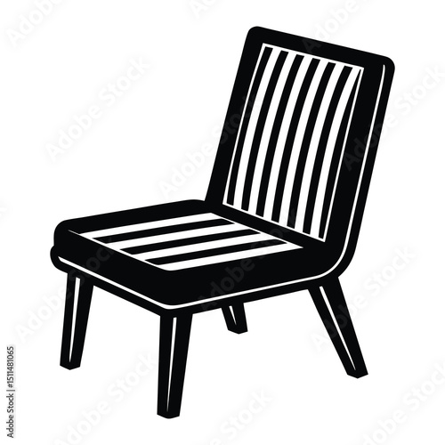 Stylish Armless Wooden Chair with Slatted Back and Seat in Black and White Silhouette
