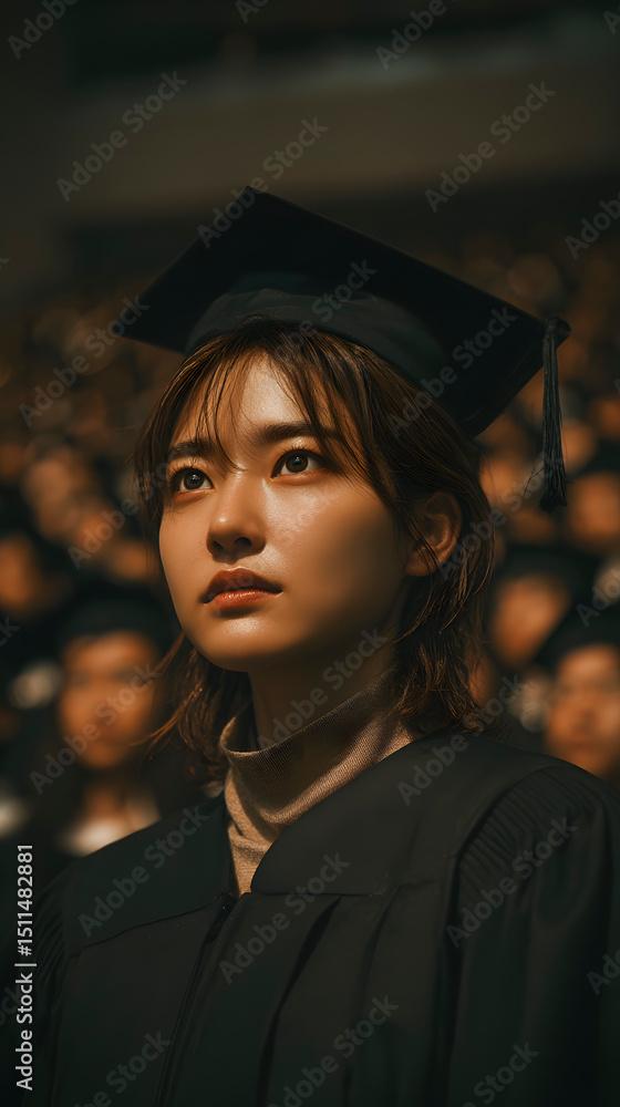 Obraz premium Proud female graduate wearing a gown and cap, celebrating her academic achievement at a university graduation ceremony with an audience