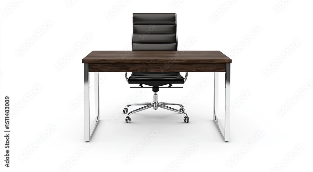 Fototapeta premium Dark wood desk with black leather chair