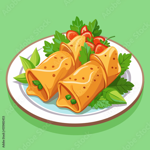 Delicious savory crepes with tomato and herb garnish