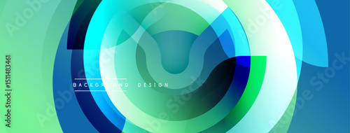 Abstract circular layers, vibrant blues, greens. Modern design element, smooth gradients, dynamic composition. Background suggests technology, innovation.