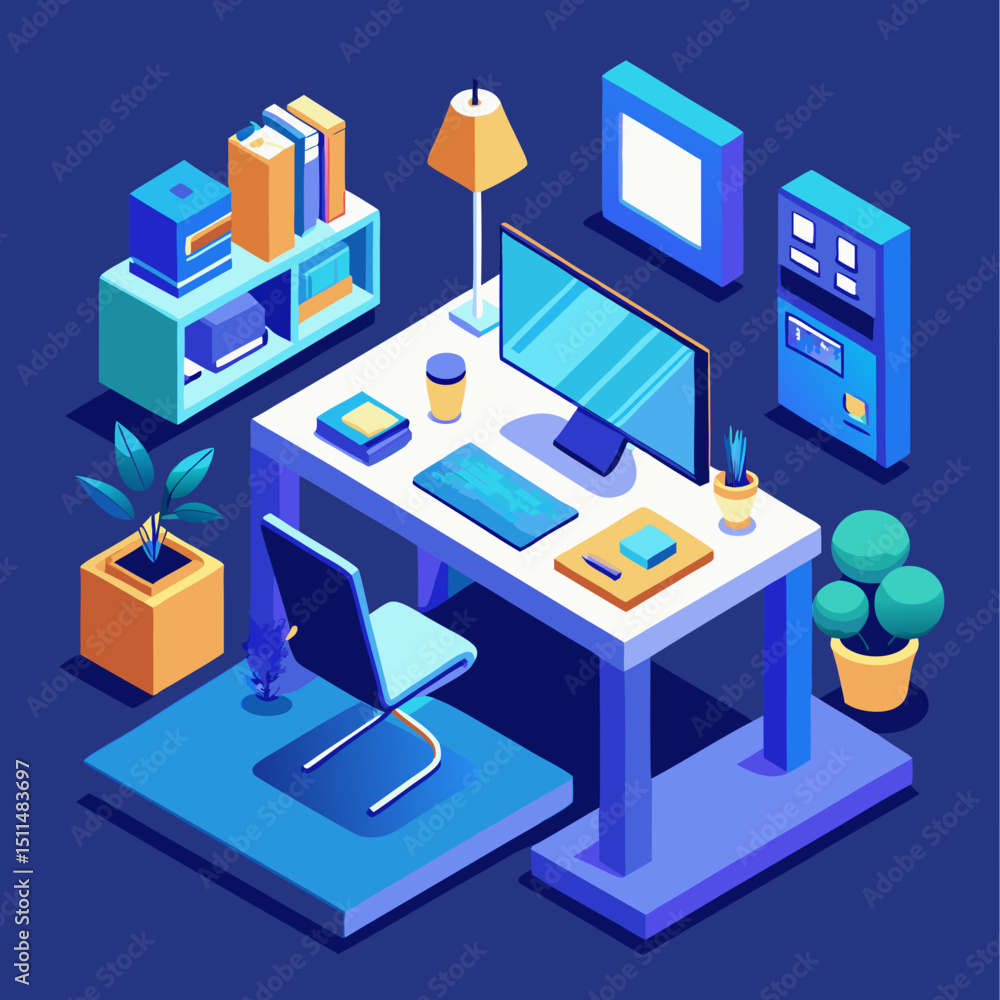 Modern isometric home office workspace setup