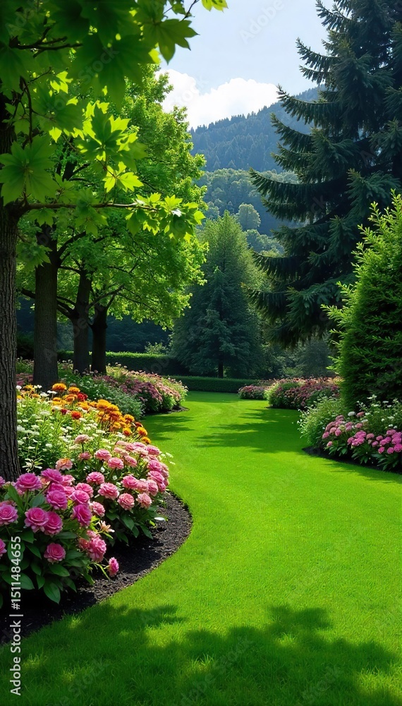 Obraz premium Serene landscape design featuring lush greenery, vibrant flowers, and meticulously manicured lawns A picturesque scene perfect for relaxation and tranquility , nature, colorful, sunlight