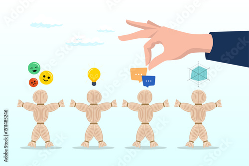 Manager hand managing grass doll with emotional, exhausted, skilful, sick leave or conflicted, people management, human resources take care of talent, employee and colleagues in company concept