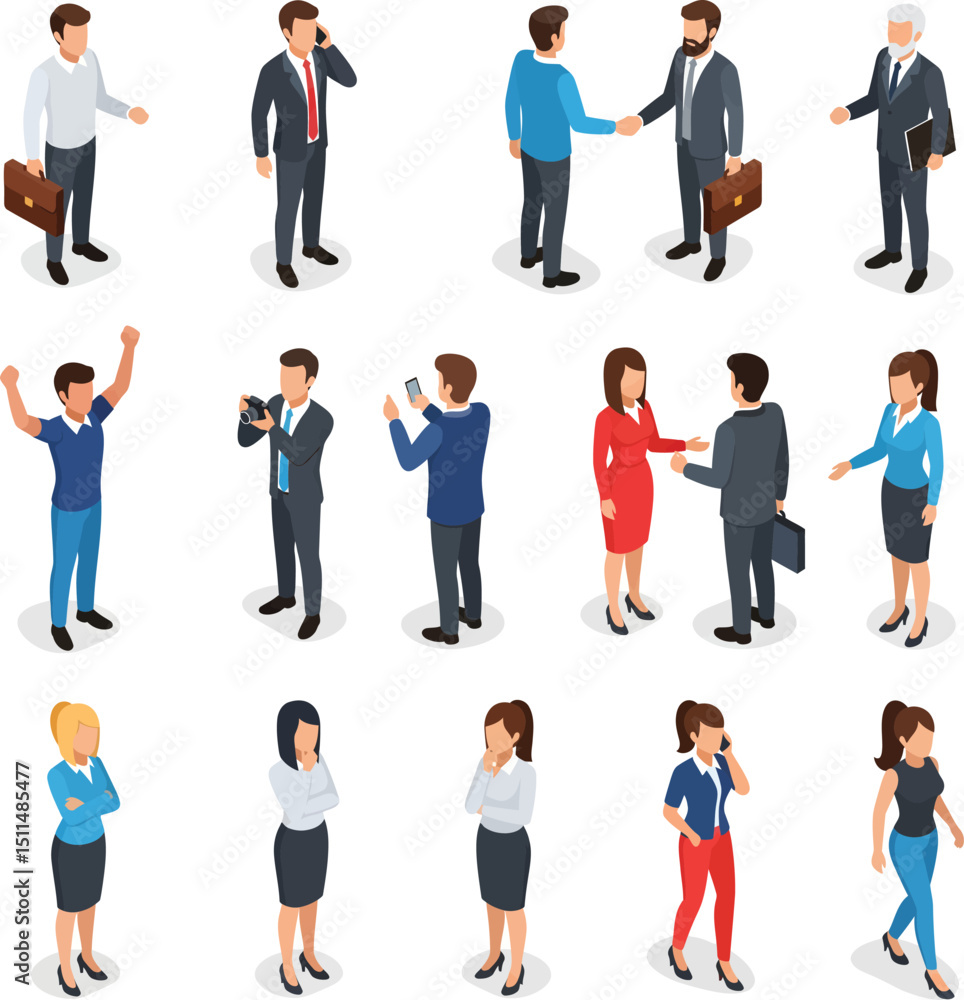 Isometric illustration of diverse business professionals and colleagues in various poses Isometric illustration of diverse business professionals and colleagues in various poses