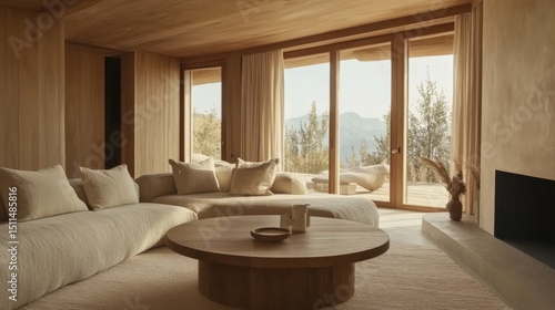 A cozy minimalist living space with a beige sofa, round wooden table, and large windows allowing natural light in.