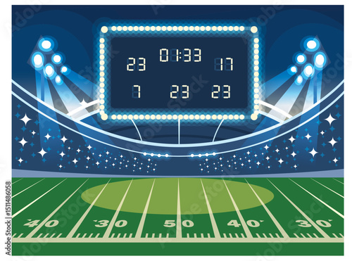 Vector Illustration: American Football Stadium with Illuminated Scoreboard