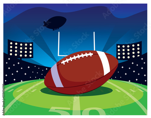 Vector illustration featuring a large American football in the foreground, set against a backdrop of a football stadium at night,