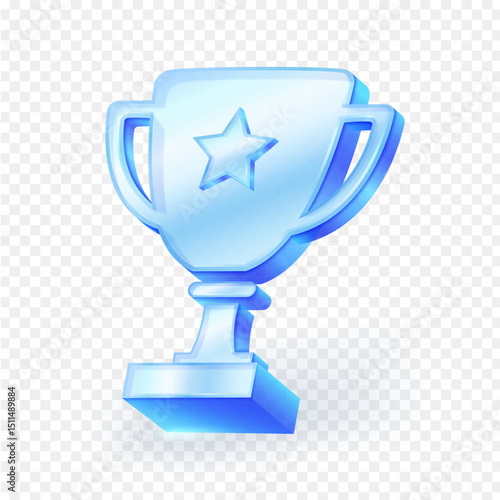 Blue glass Trophy Cup 3d icon with star symbol, isolated on transparent background. Perfect for gaming, achievement, award, and competition design concepts. Vector illustration.