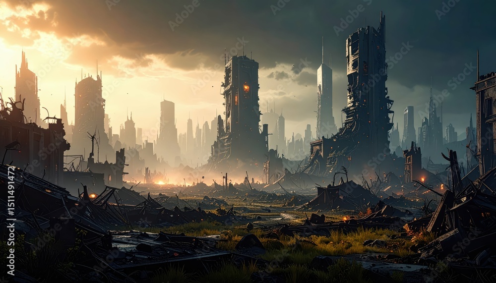 Naklejka premium Alien Invasion Aftermath in Destroyed Cityscape with Eerie Atmosphere