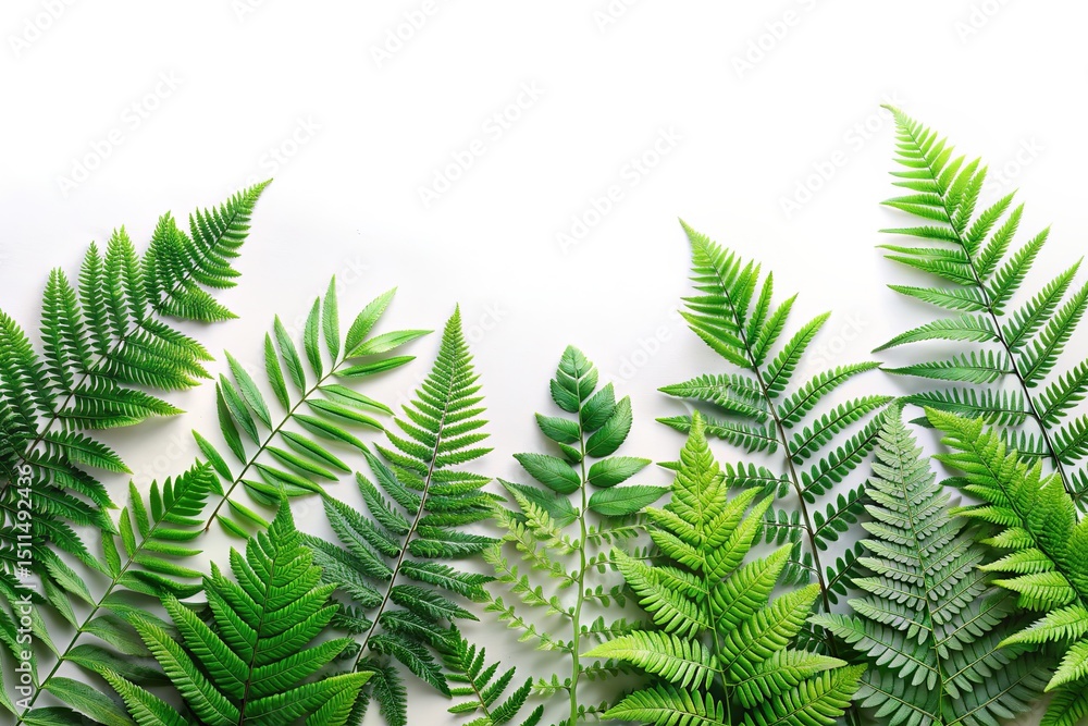 Fresh Green Fern Leaves Arrangement on White Background Fresh Green Fern Leaves Arrangement on White Background