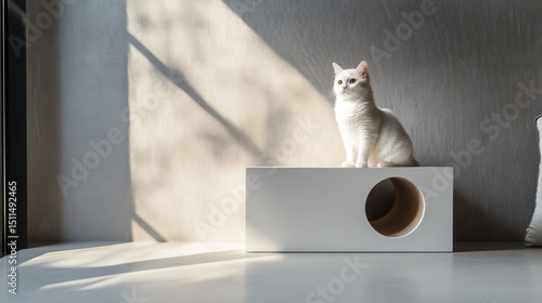 A modern minimalist cat house with a sleek design, featuring a curious white cat sitting elegantly on top.