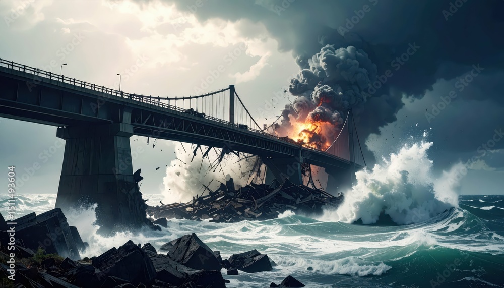 Fototapeta premium Dramatic Collapse of Bridge with Explosive Infrastructure Failure