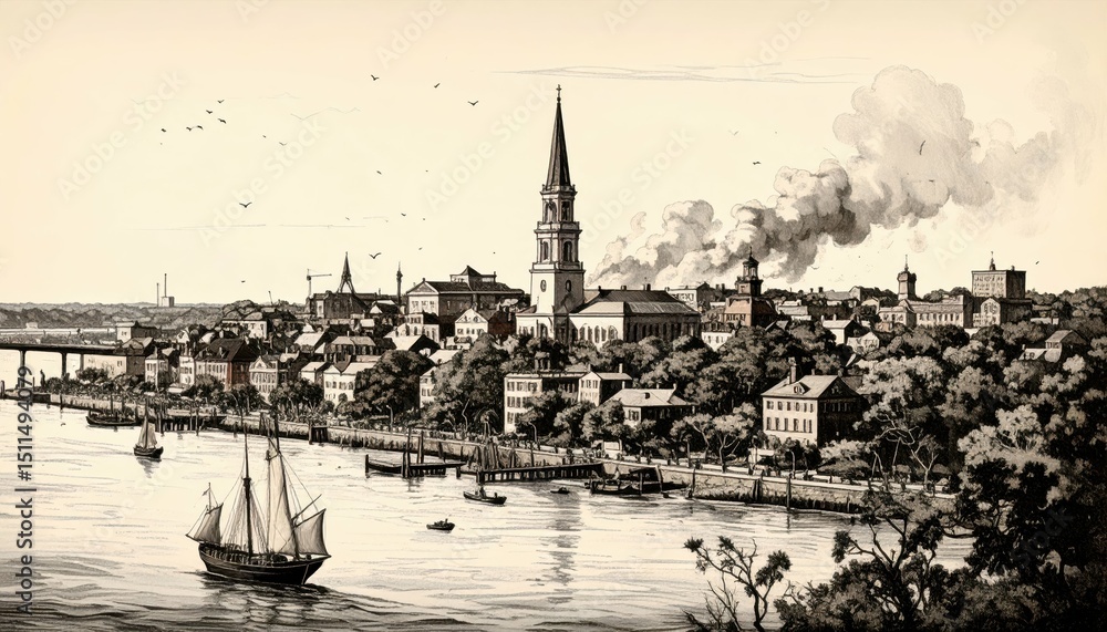 Naklejka premium Historic Charleston Cityscape with Southern Charm and Tragedy Elements