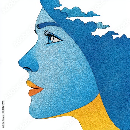 Blue and Gold Pointillist Portrait of a Woman with Cloud Hair photo