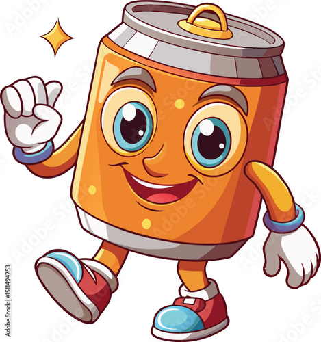 Retro Cartoon Soda Can Character Walking with Happy Expression in Vintage Vector Style