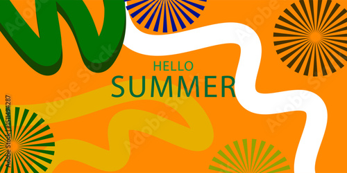 Summer horizontal abstract background with hand drawn wavy lines and typograpy. Modern art minimalist design template for web banner, sales, horizontal poster, header, cover, social media, vector