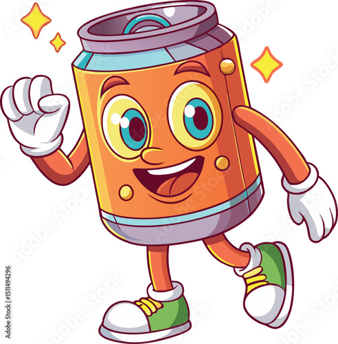 Retro Cartoon Soda Can Character Walking with Happy Expression in Vintage Vector Style