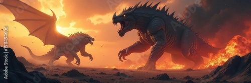 Epic clash of titans, colossal scale battle, immense destructive power unleashed, gigantic creatures locked in fierce combat , earth, monsters