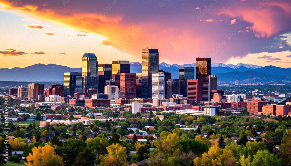 Obraz premium Stunning Sunset Over Denver Cityscape with Rocky Mountains Background