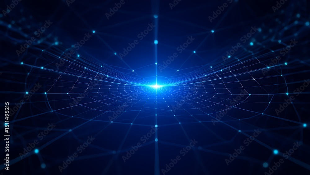 Futuristic Blue Network Grid with Glowing Nodes and Central Light Source Representing Connectivity Technology Data and Communication in a Digital World Futuristic Blue Network Grid with Glowing Nodes and Central Light Source Representing Connectivity Technology Data and Communication in a Digital World