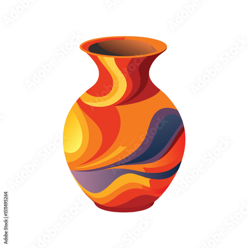 Abstract ceramic vase with colorful swirls and modern artistic design on white background